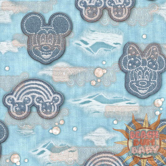 Distressed denim mickey and minnie patches